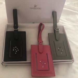 Swarovski NEW SET 3 Leather luggage tags Black, pink,Gray Set of 3 GIFT boxed